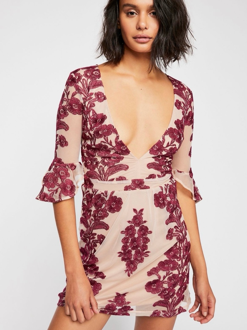 For Love & Lemons Blush Sheer Mini Dress with Burgundy Floral Embroidery